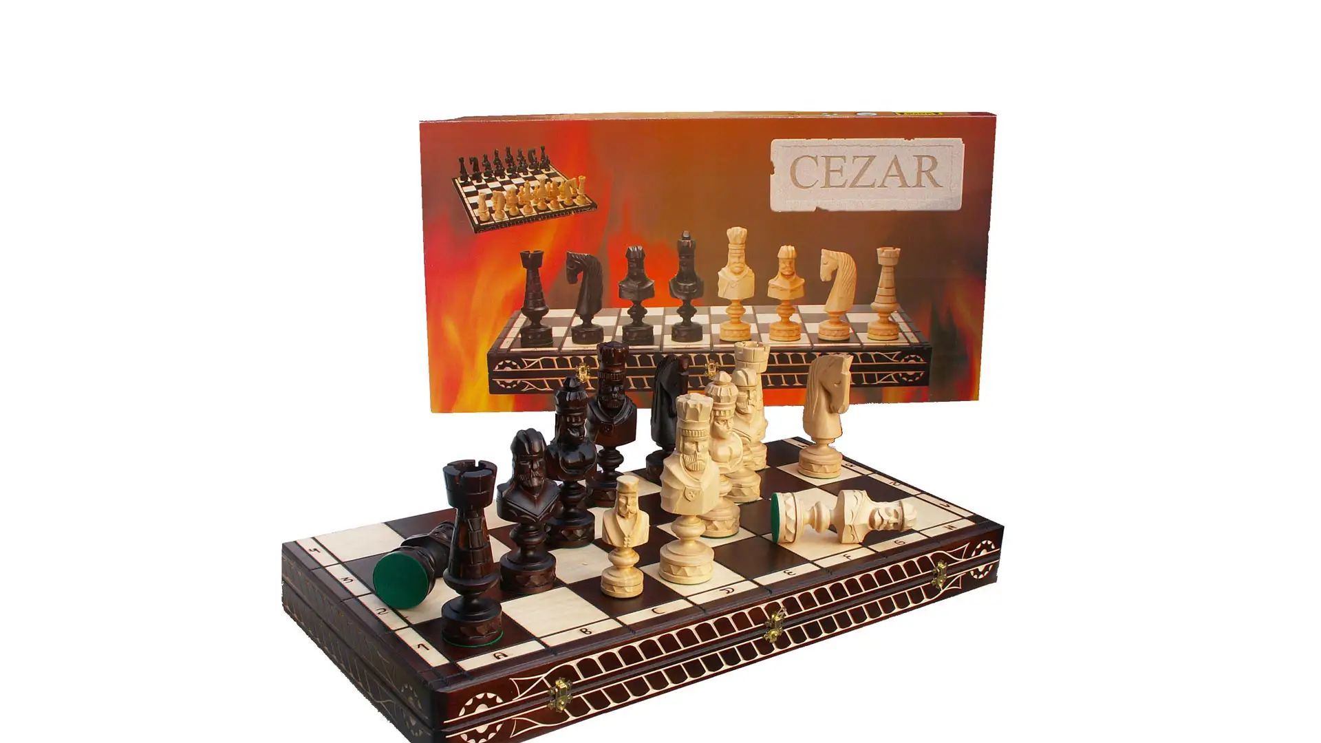 Ornate wooden Caesar chess set
